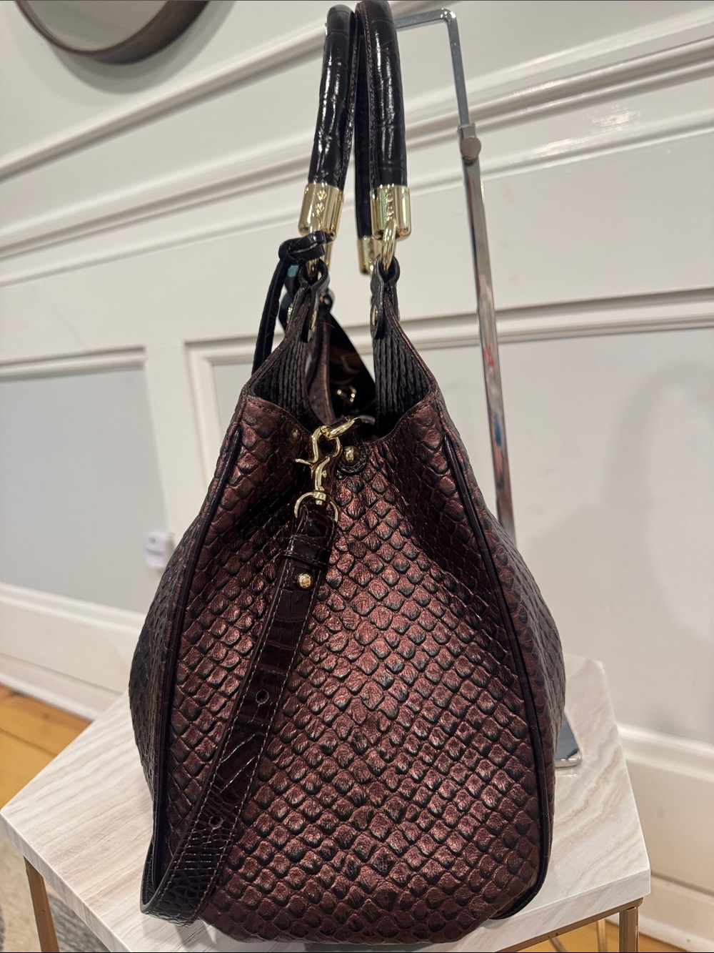 Brahmin Bag Elisa Brown Purple Python Embossed Satchel with Matching Pouch - Picture 6 of 17